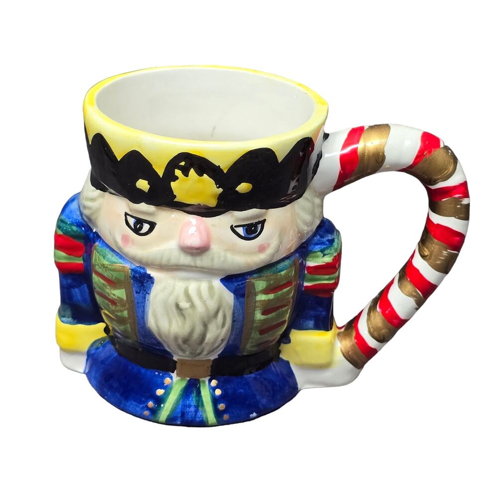 Vintage Colorful Christmas Nutcracker Coffee Mug w Candy Cane Handle Holiday Cup